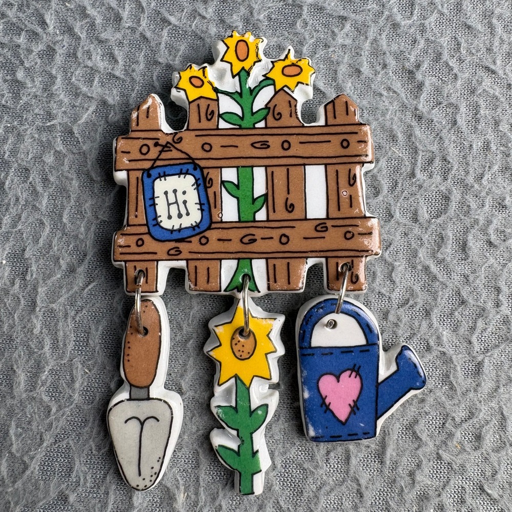 Vintage Ceramic Garden Brooch Sunflower Watering Can Trowel Charms Picket Fence